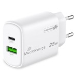 MediaRange Φορτιστής Χωρίς Καλώδιο GaN με Θύρα USB-A και Θύρα USB-C 25W Power Delivery Λευκός (MRMA112-2)